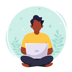 Black man working on laptop. Freelance, remote working, online studying, work from home concept. Vector illustration in flat style.