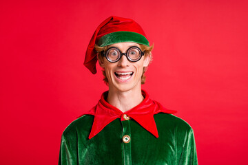 Portrait of astonished elf guy holly x-mas christmas discount concept wear geek style glasses...