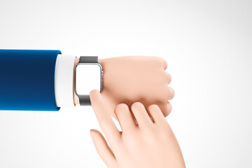Cartoon business man hand in suit with smart watch over white background. Second hand touch empty white blank screen.