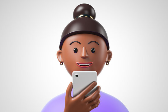 Cartoon black african american woman in violet shirt using smartphone over white background.