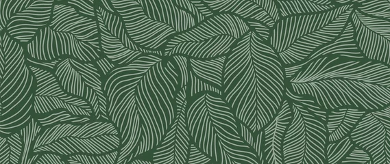 Fotobehang Luxe natuur groene achtergrond vector. Bloemmotief, Golden split-leaf Philodendron plant met monstera plant lijntekeningen, vectorillustratie. © TWINS DESIGN STUDIO