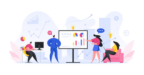 Team of people evaluate infographic annual report cartoon concept. Female and male characters are analyzing financial profit