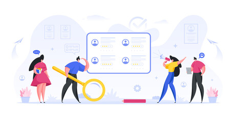 Managers conduct an online search and recruitment of qualified employees flat concept