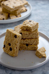 Homemade square cookies. A stack of chocolate chip cookies.
