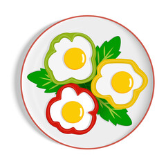 scrambled eggs in bell pepper with greenery white plate, omelet, vector