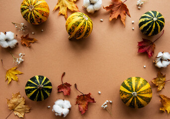 Autumn decoration with pumpkins and dry leaves