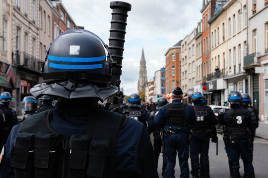 France-Lille- October 10, 2020: Police forces facing the demonstrators during the counter demonstration for all. They separate the two opposing camps.