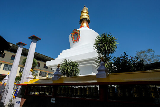 Gangtok, India - October 2020: Stupa in the Do Drul Chorten Monastery in Gangtok on October 24, 2020 in Gangtok, Sikkim, India.