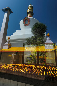 Gangtok, India - October 2020: Stupa in the Do Drul Chorten Monastery in Gangtok on October 24, 2020 in Gangtok, Sikkim, India.
