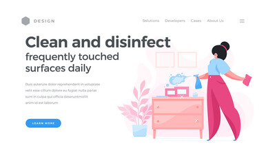 Cartoon woman disinfecting object during pandemic spread