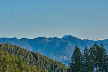 Fototapeta premium Panoramic mountain landscape in the German alps. Snowy mountain peaks in the alps. Snowy mountain peaks with conifers in the foreground.