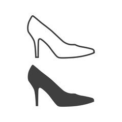 Tienda de zapatos. Logotipo con zapatos de mujer de tacón alto lineal y relleno en color gris