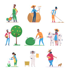 Fototapeta premium African gardeners. American black farmers working at field vector illustration characters. African-american working gardener, plantation farmer