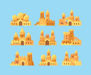 Sandcastles for kids. Vacation activities children builders making sandcastles fortress palace near ocean vector cartoon. Fortress childhood, cartoon making palace illustration