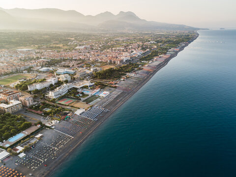 Panoramic aerial view of sea and coast of Riviera dei Cedri, Scalea, Calabria Italy.