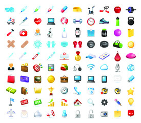 Set of 100 Realistic High Quality Colorful Icons on White Background . Isolated Vector Elements
