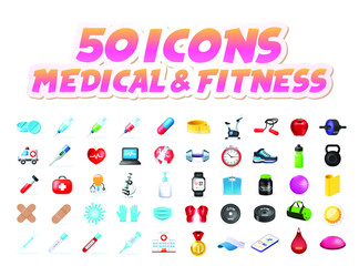 Set of 50 Realistic High Quality Colorful Icons on White Background . Isolated Vector Elements