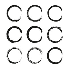 Set of hand drawn black grunge painted round frames isolated on white background.