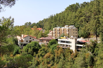 Fototapeta premium Aerial view of Pano Platres village, winter resort, on Troodos mountains, Cyprus.
