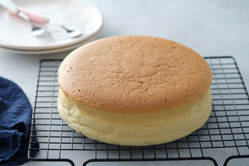 Plain classic Taiwanese traditional sponge cake. Taiwanese castella cake on a grey background table with ingredients, close up.