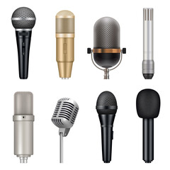 Microphones realistic. Audio studio equipment for singing and talking vector templates set. Studio karaoke tools, speech entertainment vocal mic for record illustration - obrazy, fototapety, plakaty