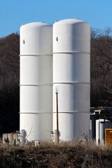 Two brand new white storage silos installed at the edge of modernized part of large oil refinery industrial complex surrounded with dense trees without leaves on clear blue sky background