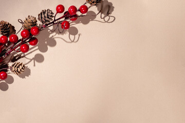 Christmas branch with red berries on a beige