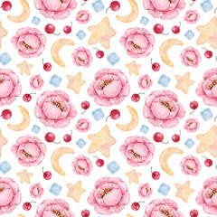 Seamless pattern with watercolor elements of pink peonies, stars and moon with stitching, berries and bare buttons for fabrics and design. All hand-painted, high resolution