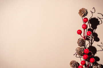 Christmas branch with red berries on a beige