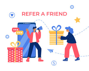 Refer a friend concept. Man and woman with megaphone and gift boxes.