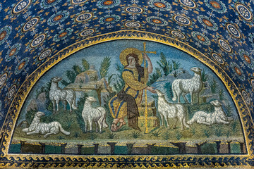 The Good Shepherd lunette, Mausoleum of Galla Placidia. Ravenna, Emilia Romagna, Italy, Europe. - obrazy, fototapety, plakaty