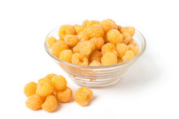yellow raspberries with leaf isolated on white background macro