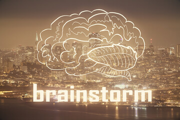 Double exposure of start up theme drawings over cityscape background. Concept of success.