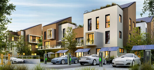 Modern apartment buildings and fast electric car charging stations - 387975752