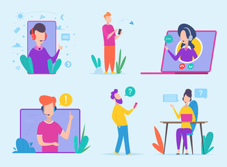 Fototapeta premium Customer service characters. Virtual support agency hotline business clients helpline vector concept icons. Support assistance, assistant operator information illustration