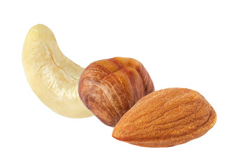 Cashews almonds hazelnuts, isolated on a white background