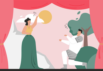 Opera actors in historical costume sings aria on stage of theater