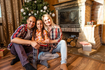 Fototapeta na wymiar family and christmas tree in an old wooden house