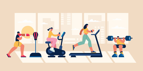Cartoon sportive people exercising with various equipment in gym