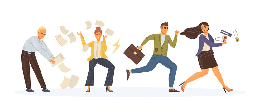 Working overtime at Deadline. Running in panic, scatter papers in anger. Office workers hurry up with job, stress and depression in staff. Employees do not have time to meet deadline