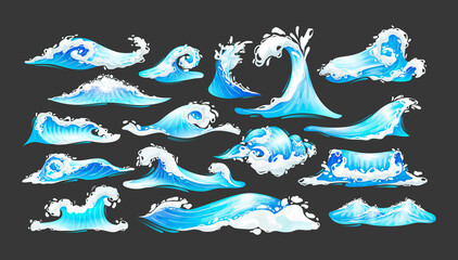 Sea ocean wave set. Blue water ocean waves, marine surf wave, ripples tides sea storm, tsunami, tidal different shapes, splash water motion with spray isolated vector