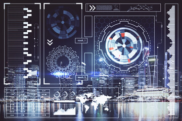 Data theme hologram drawing on city view with skyscrapers background multi exposure. Ai concept.