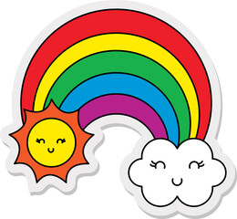 Rainbow with smile clouds and sun on rainy day