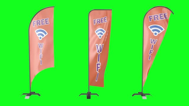 Free wifi group flag flagpole feather green screen advertisement chroma key animation 3d