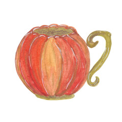 Pumpkin cup. Autumn harvest. Illustration for Halloween. Watercolor hand drawn illustration