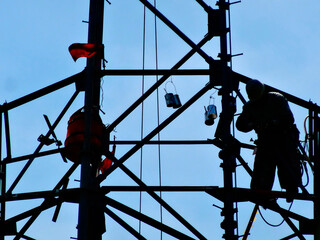 高電圧送電線鉄塔の塗装