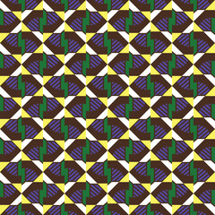 Vector seamless pattern texture background with geometric shapes, colored in blue, brown, yellow, green, white colors.