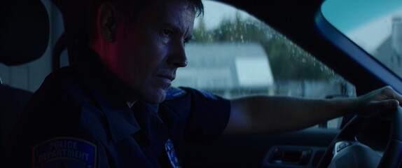 Portrait of police officer checking info on a laptop inside a car