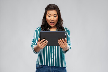 technology and people concept - surprised asian woman using tablet computer over grey background