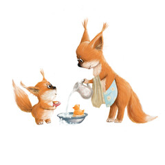 squirrel mom washes the squirrel's paws with soap